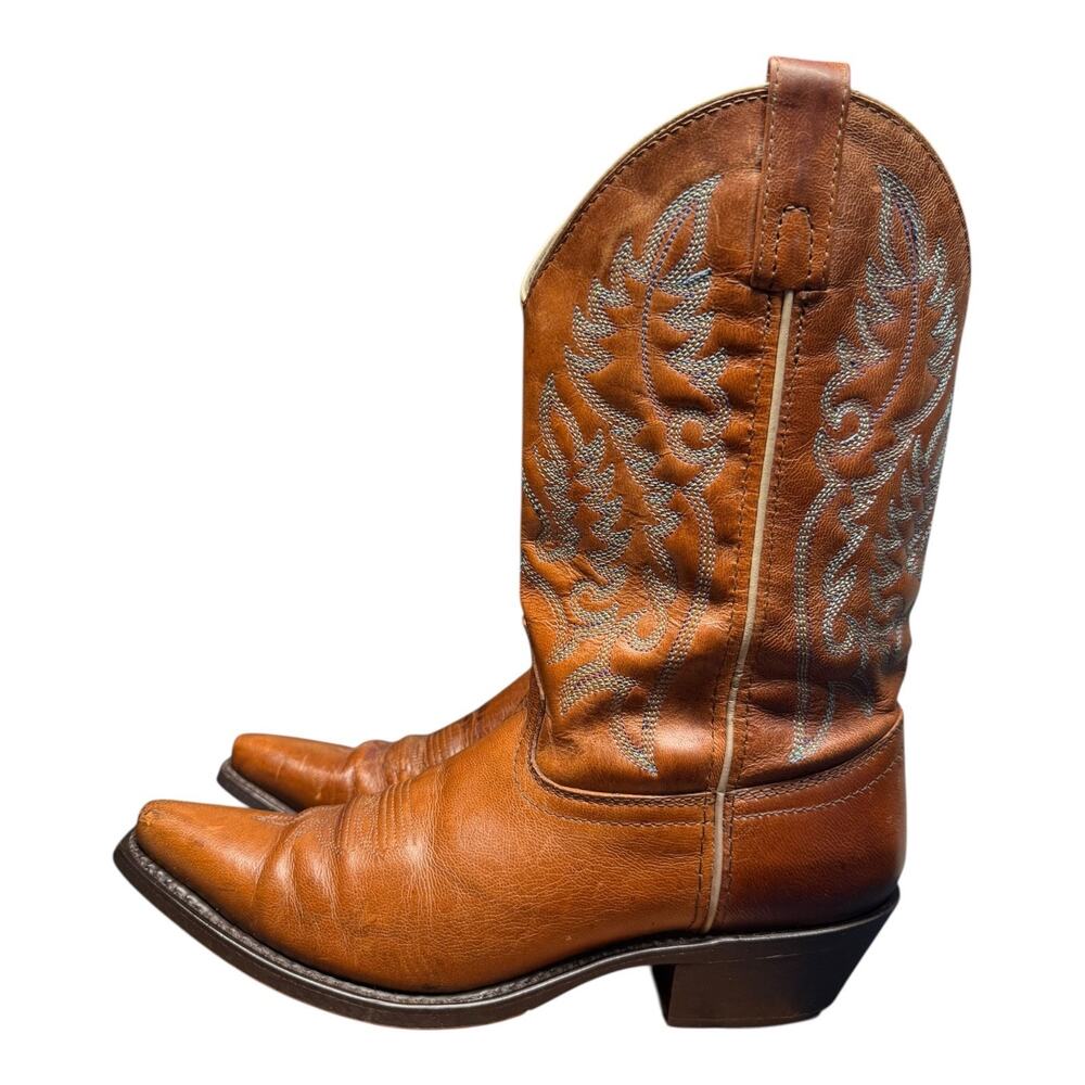 LAREDO Women's 8M Brown Leather Cowboy Pointed ToeBoots Turquoise Stitch Western - Picture 2 of 14